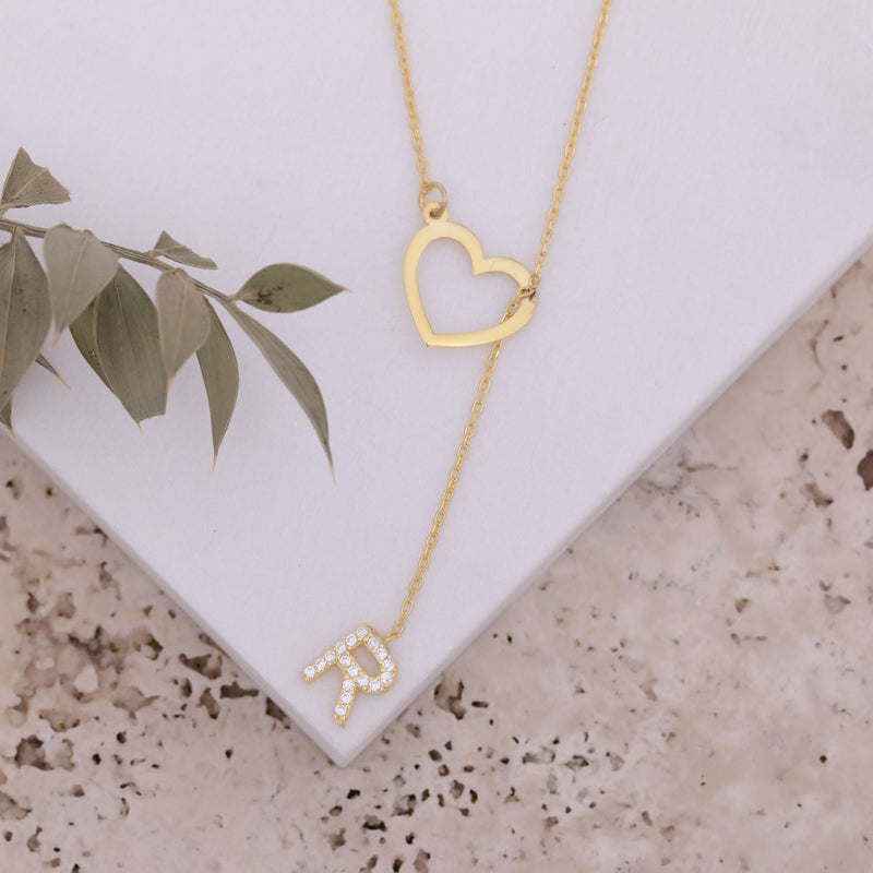 14K Gold Personalized Heart Necklace, Custom Initial Necklace with Heart, Minimalist Letter Necklace