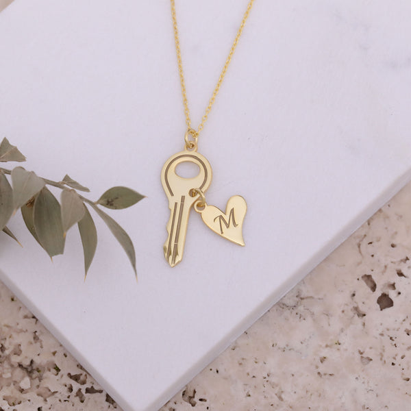 14K Gold Heart Key Necklace, Minimalist Jewelry, Gift for Her, Anniversary Gift