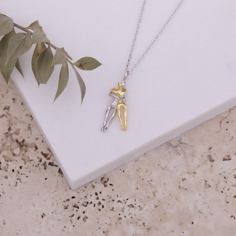 14k Gold Couples Necklace, Dancing Embraced Couple, Birthday Gift