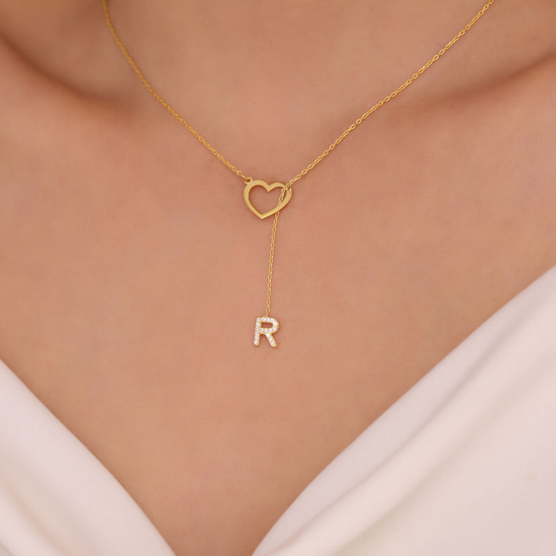 14K Gold Personalized Heart Necklace, Custom Initial Necklace with Heart, Minimalist Letter Necklace