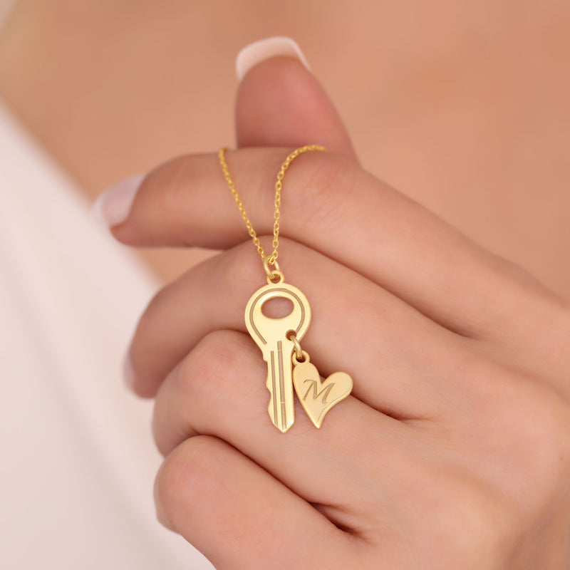 14K Gold Heart Key Necklace, Minimalist Jewelry, Gift for Her, Anniversary Gift