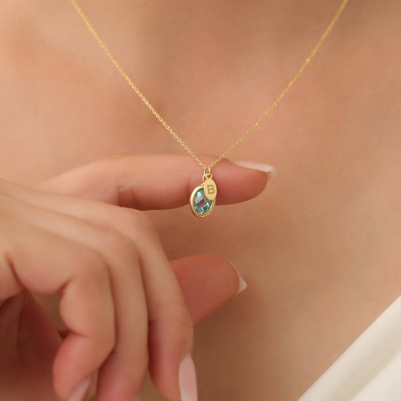 14K Gold Birthstone Custom Initial Necklace, Dainty Necklace, Personalized Necklace, Letter Necklace