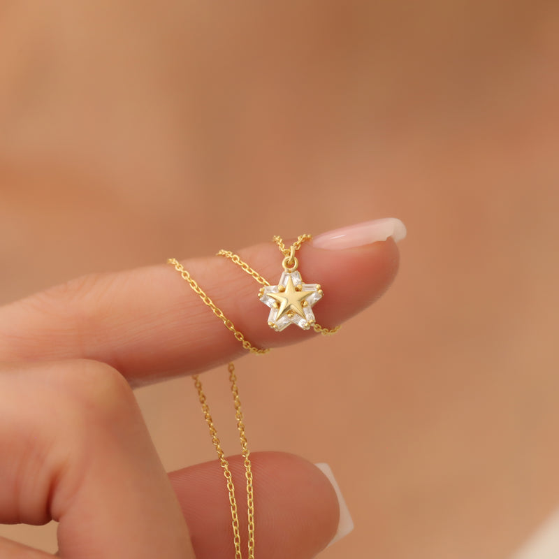 Diamond Star Necklace, Sky Jewelry, Gold Dainty Star Necklace, Celestial Jewelry, Star Pave Necklace