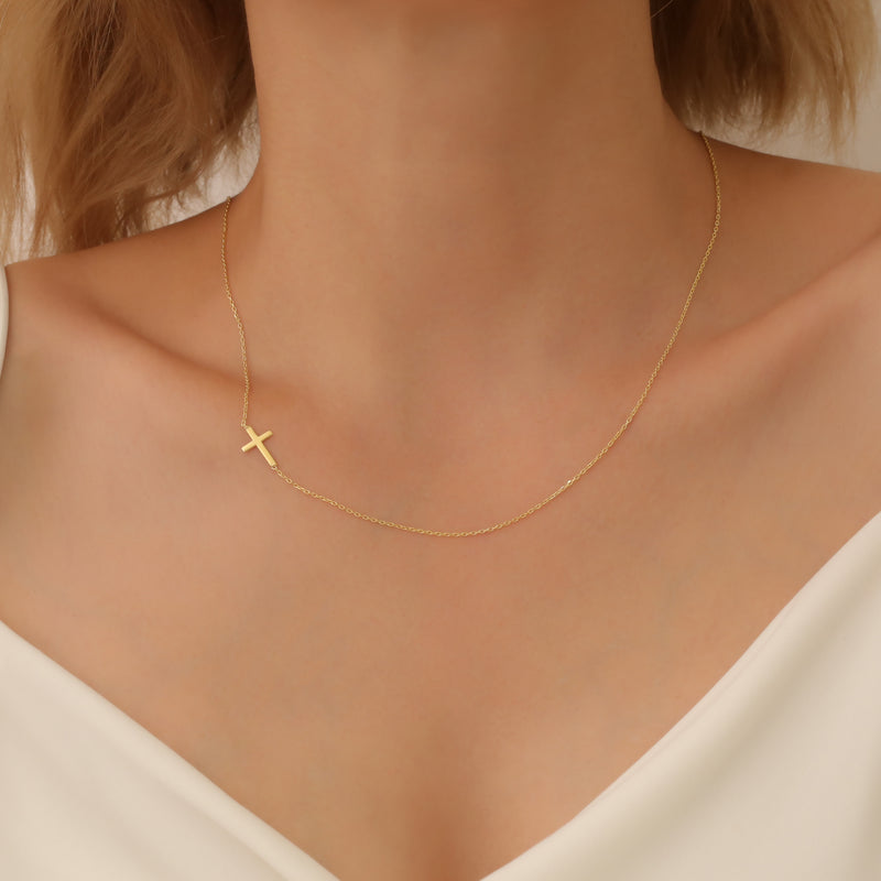 Sideways Cross Gold Necklace, Sterling Silver Cross Necklace, Christian Necklace, Religious Jewelry