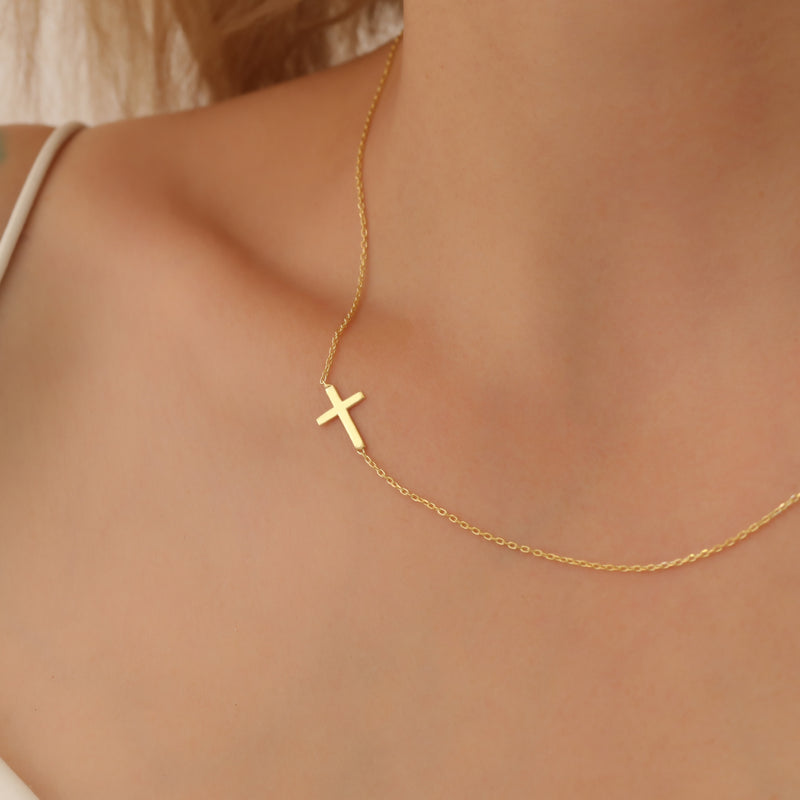 Sideways Cross Gold Necklace, Sterling Silver Cross Necklace, Christian Necklace, Religious Jewelry