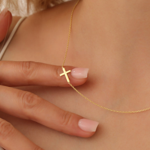 Sideways Cross Gold Necklace, Sterling Silver Cross Necklace, Christian Necklace, Religious Jewelry