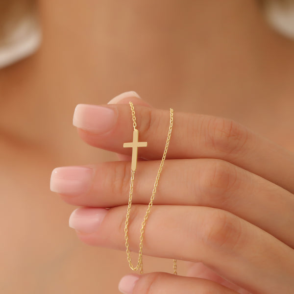 Sideways Cross Gold Necklace, Sterling Silver Cross Necklace, Christian Necklace, Religious Jewelry