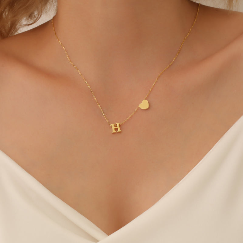 14K Gold Personalized Heart Necklace, Custom Initial Necklace with Heart, Minimalist Letter Necklace